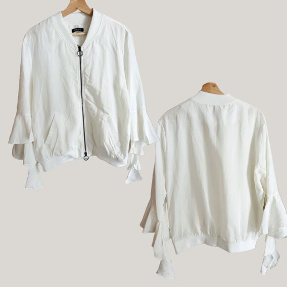 NWT‎ CQ by CQ Ivory Linen Blend Ruffle Bomber Jacket Size L Double Zipper - Picture 3 of 8